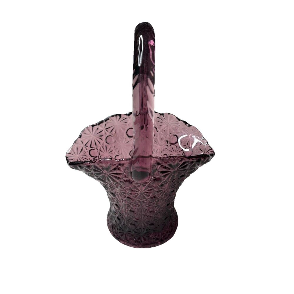 Vintage Fenton L. G. Wright Glass Daisy & Button Purple Amethyst Handled Basket